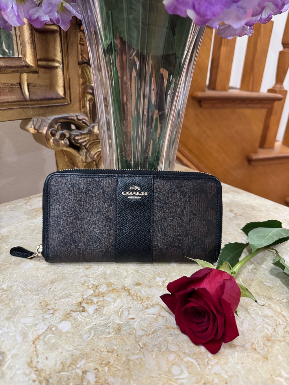 Coach Brown and Black Signature Zip Wallet